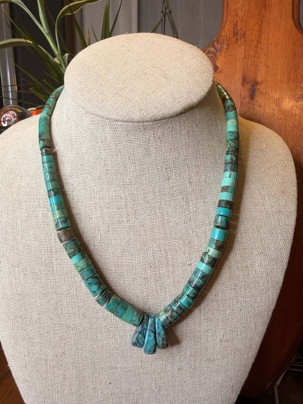 Vintage Native American Turquoise Heishi Bead Necklace with Jacla Pendant